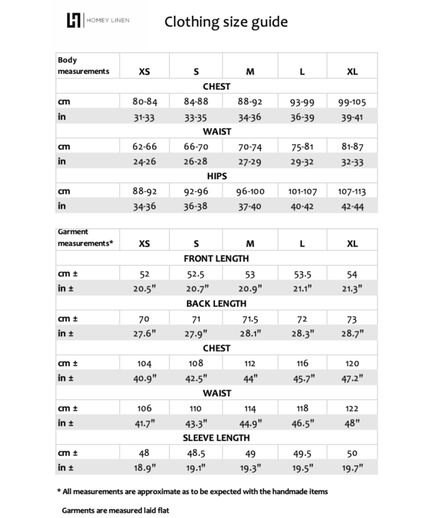 linen top with sleeves size guide